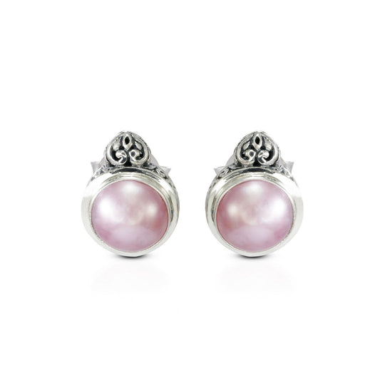 pink mabe pearl earrings stud set in 925 sterling silver decorated with filigree ornament