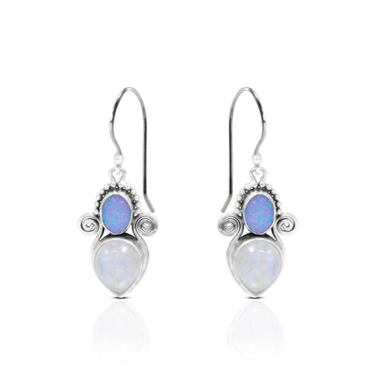 Moonstone earrings drop 925 sterling silver with natural fire opal with swirl wire filigree