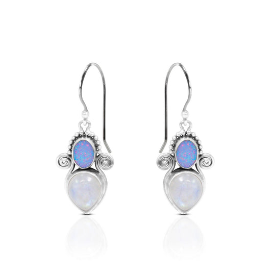 Moonstone earrings drop 925 sterling silver with natural fire opal with swirl wire filigree