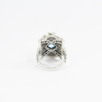 wide band ring sterling silver 925 with genuine blue topaz decorated with filigree ornament