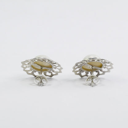 white mabe pearl stud earrings 925 sterling silver with lotus shape ornament