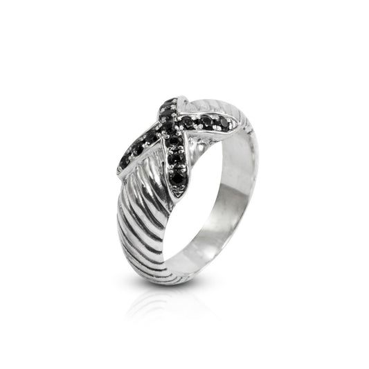 black stone ring 925 sterling silver decorated with cable shank style