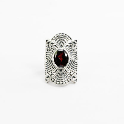 wide band ring 925 sterling silver with natural garnet decorated with filigree ornament