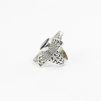 wide band ring 925 sterling silver with natural garnet decorated with filigree ornament