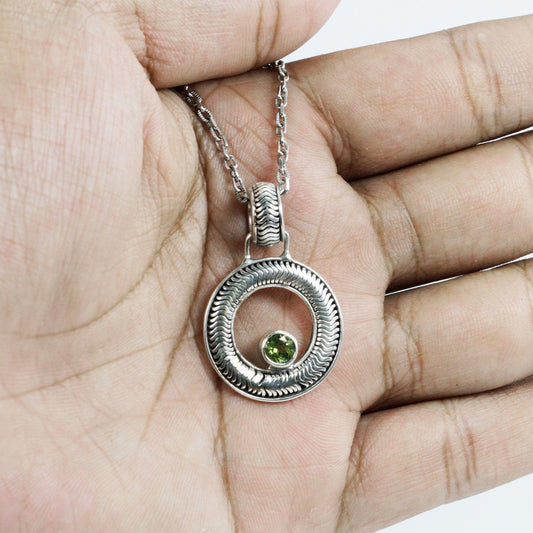 green peridot pendant 925 sterling silver with circle snake chain