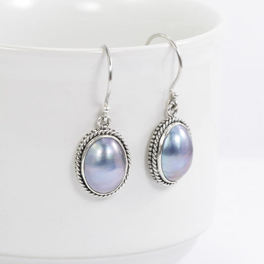 genuine oval grey mabe pearl dangle earrings set in 925 sterling silver with realistic snake carving, snake earrings with blue pearl