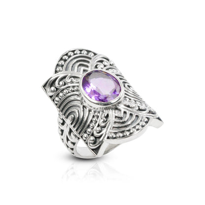 Amethyst ring set in 925 sterling silver wide band decorated with filigree ornament