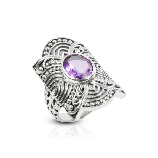 Amethyst ring set in 925 sterling silver wide band decorated with filigree ornament