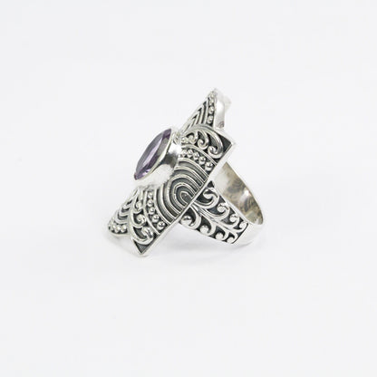 Amethyst ring set in 925 sterling silver wide band decorated with filigree ornament