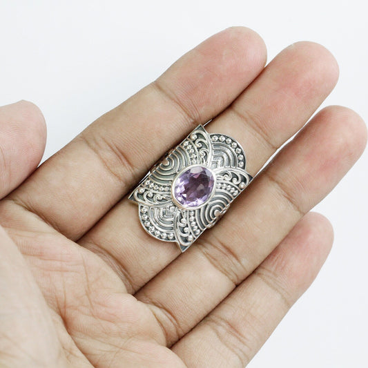 Amethyst ring set in 925 sterling silver wide band decorated with filigree ornament