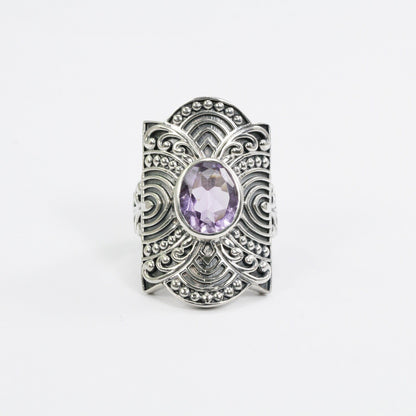 Amethyst ring set in 925 sterling silver wide band decorated with filigree ornament