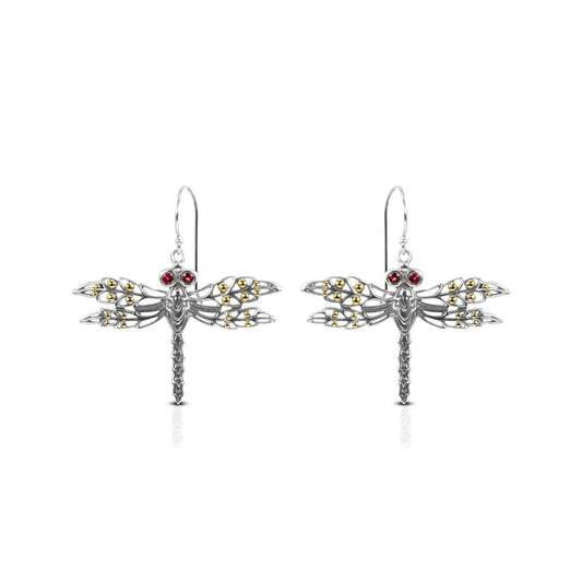 dragonfly earrings 925 sterling silver and 18K yellow gold decorated with open work filigree and pink tourmaline