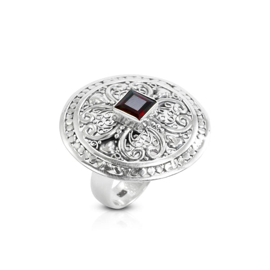 Circle ring 925 sterling silver with natural garnet decorated with delicate filigree ornament