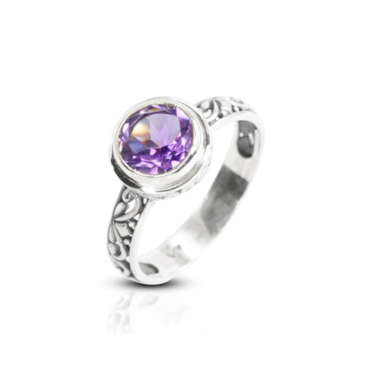 solitaire ring amethyst 925 sterling silver bezel set with genuine Brazilian amethyst decorated with swirl filigree