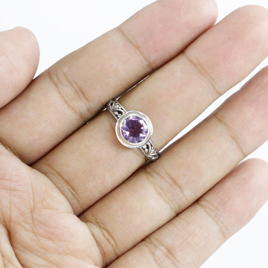 solitaire ring amethyst 925 sterling silver bezel set with genuine Brazilian amethyst decorated with swirl filigree