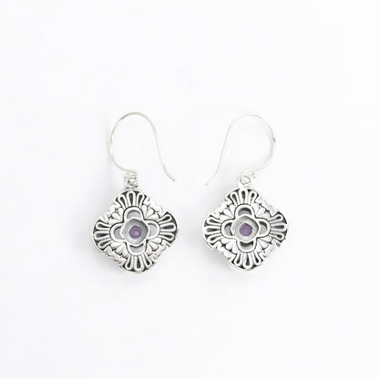 Maltese cross earrings 925 sterling silver with genuine amethyst and swirl filigree ornament
