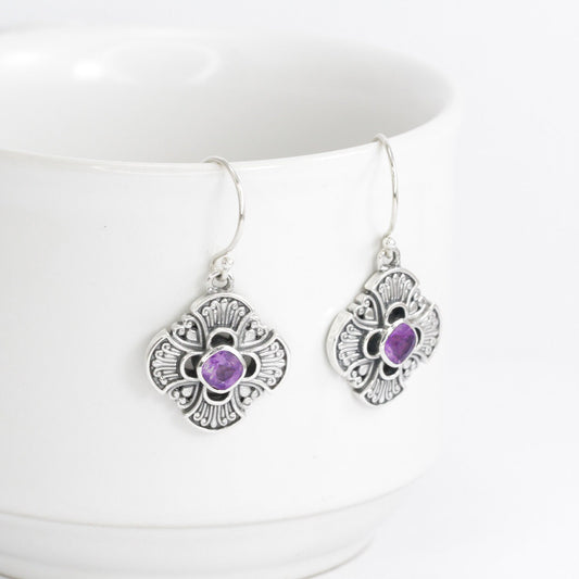 Maltese cross earrings 925 sterling silver with genuine amethyst and swirl filigree ornament