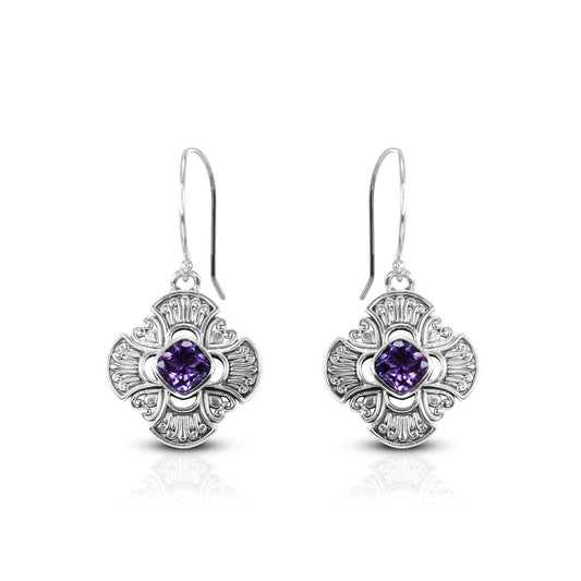 Maltese cross earrings 925 sterling silver with genuine amethyst and swirl filigree ornament