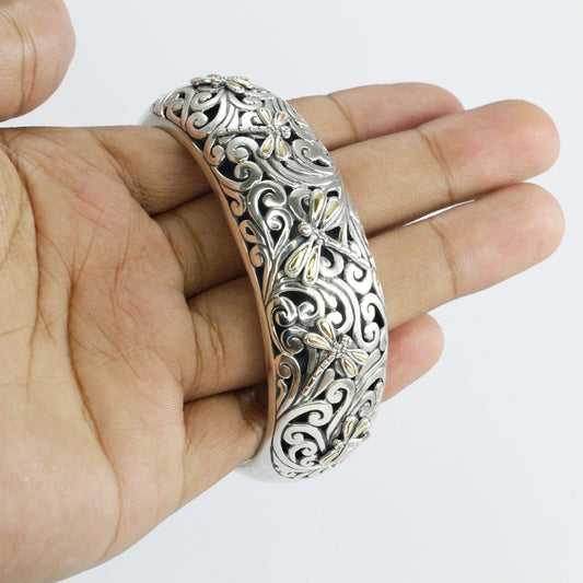 iconic dragonfly cuff bangle 925 sterling silver decorated with open work filigree and and 18K yellow gold wings accent