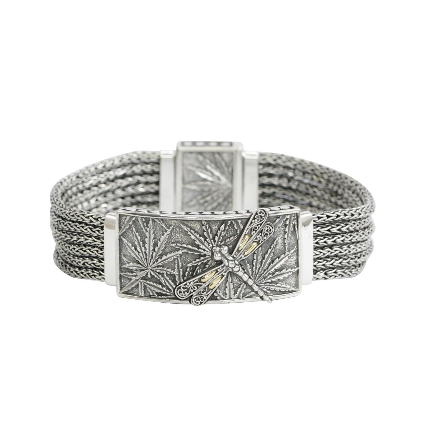 cannabis bracelet 925 sterling silver decorated with dragonfly ornament 18K yellow gold and woven snake chain