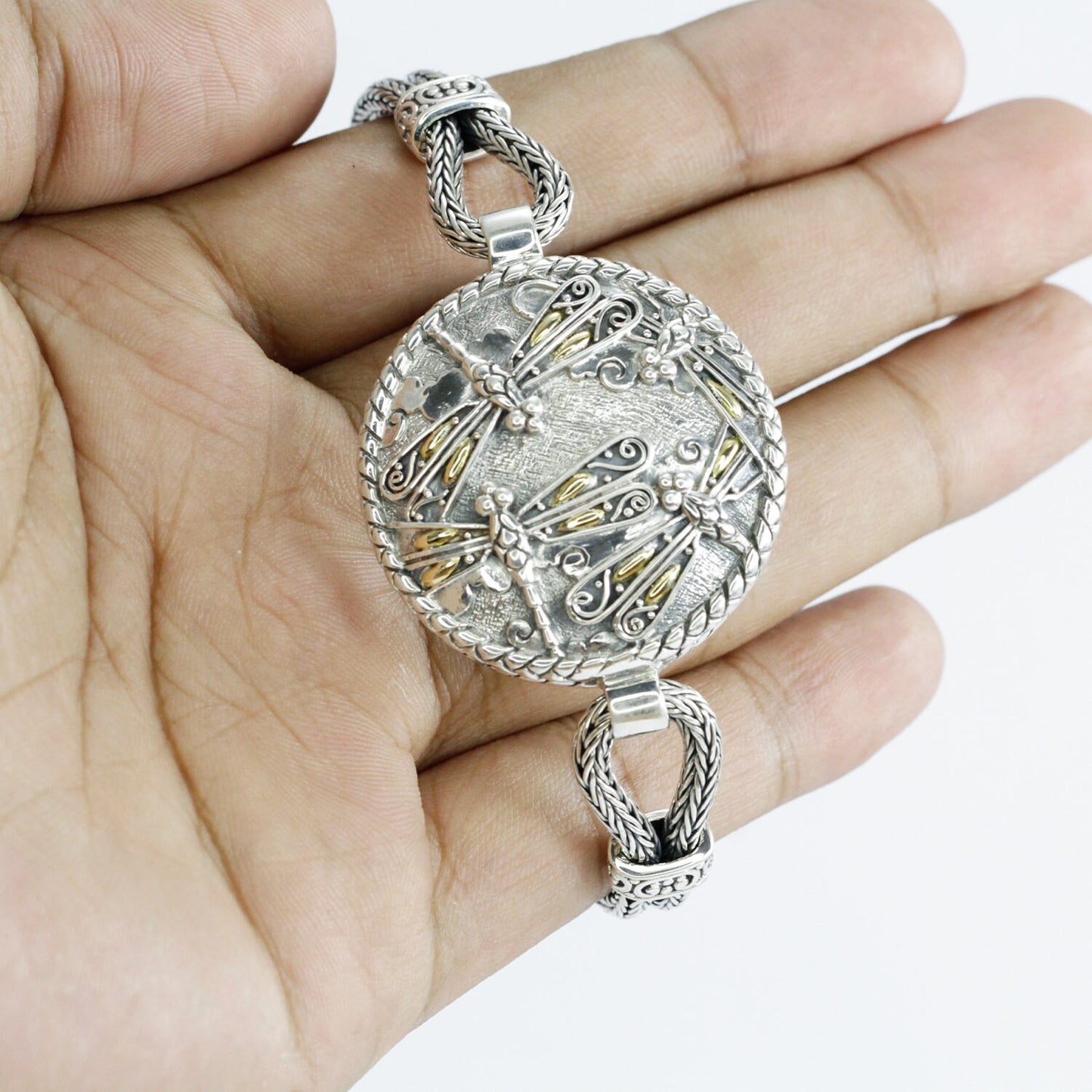 dragonfly bracelet 925 sterling silver decorated with dragonfly ornament 18K yellow gold and woven snake chain antique finish