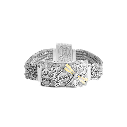 Peace bracelet 925 sterling silver decorated with dragonfly ornament 18K yellow gold and woven snake chain