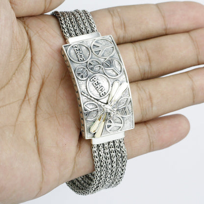 Peace bracelet 925 sterling silver decorated with dragonfly ornament 18K yellow gold and woven snake chain
