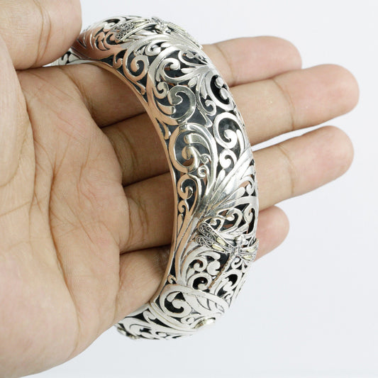 dragonfly bangle 925 sterling silver limited item decorated with open work filigree and 18K yellow gold wings accent