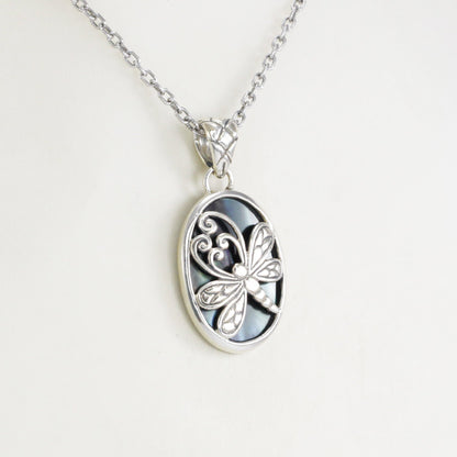 oval pendant necklace 925 sterling silver with genuine black shell decorated with dragonfly ornament