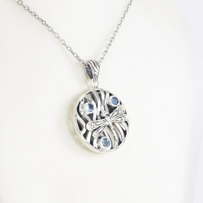 Blue topaz pendant necklace 925 sterling silver with dragonfly ornament and wave style