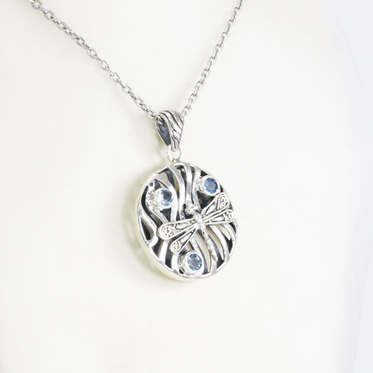 Blue topaz pendant necklace 925 sterling silver with dragonfly ornament and wave style