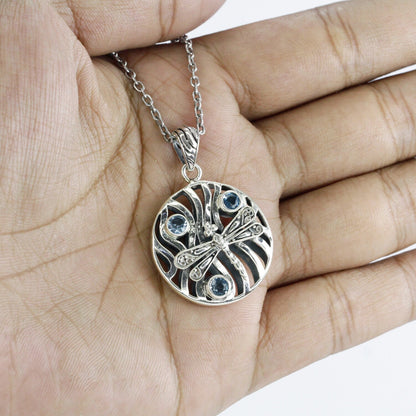 Blue topaz pendant necklace 925 sterling silver with dragonfly ornament and wave style
