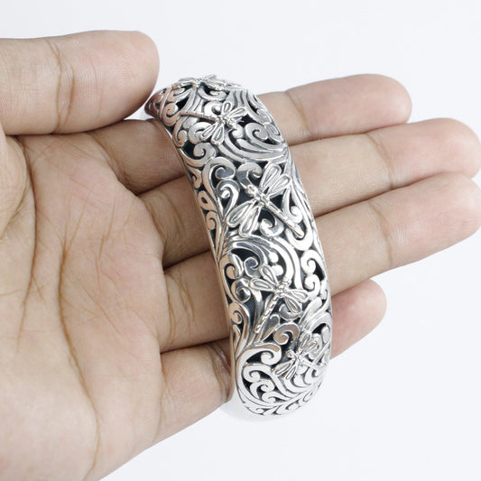 dragonfly cuff bangle 925 sterling silver decorated with beautiful open work filigree in antique finishing