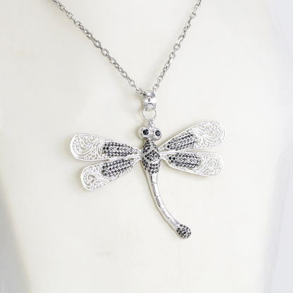Dragonfly pendant necklace 925 sterling silver with genuine ruby and black zircon decorated with open work filigree