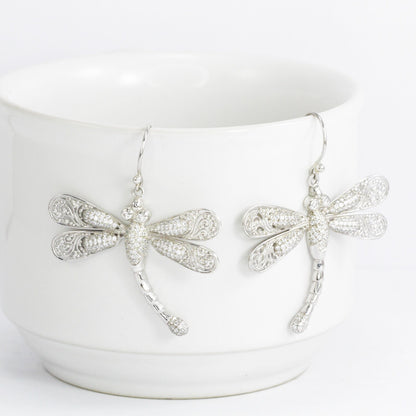 dragonfly earrings 925 sterling silver decorated with genuine white zircon and open work filigree