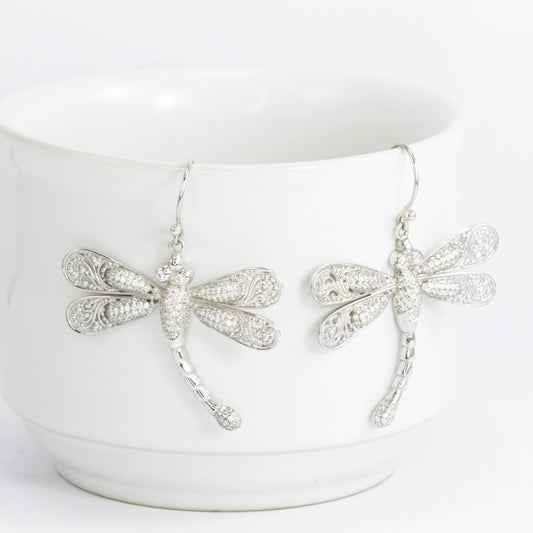 dragonfly earrings 925 sterling silver decorated with genuine white zircon and open work filigree