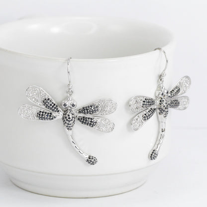 dragonfly earrings 925 sterling silver decorated with genuine black zircon and open work filigree