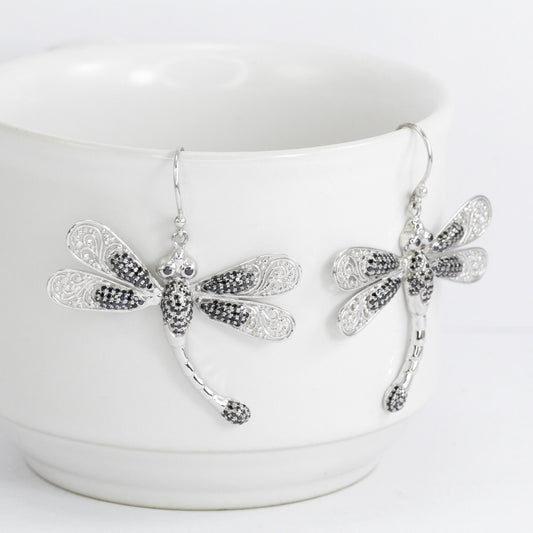dragonfly earrings 925 sterling silver decorated with genuine black zircon and open work filigree