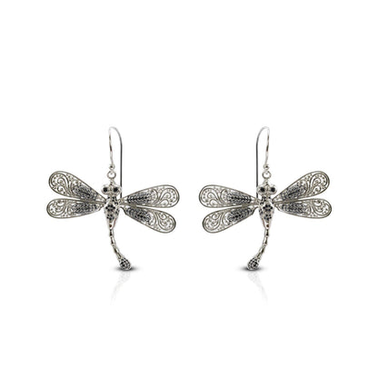 dragonfly earrings 925 sterling silver decorated with genuine black zircon and open work filigree