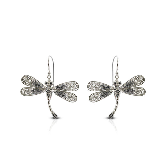 dragonfly earrings 925 sterling silver decorated with genuine black zircon and open work filigree