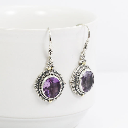 genuine amethyst earrings 925 sterling silver and 18K yellow gold decorated with cable rope edge