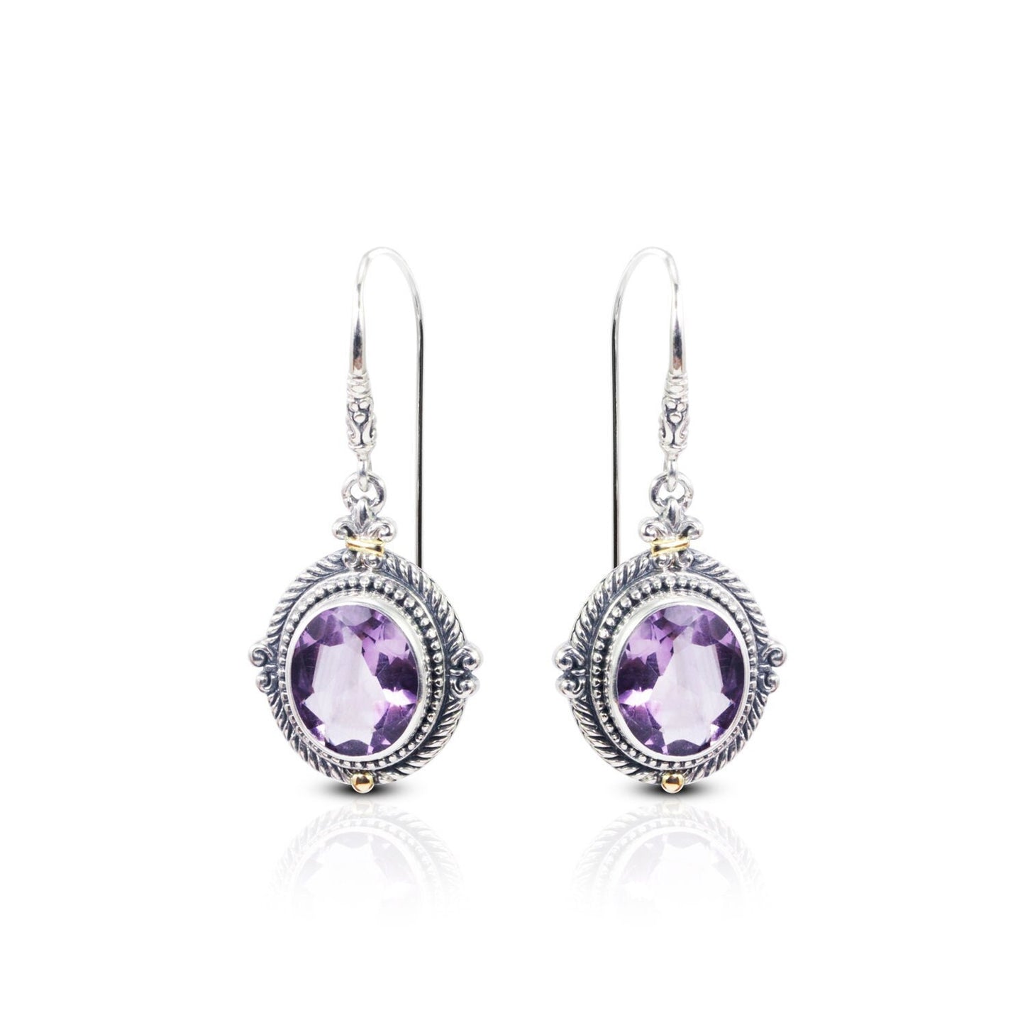 genuine amethyst earrings 925 sterling silver and 18K yellow gold decorated with cable rope edge