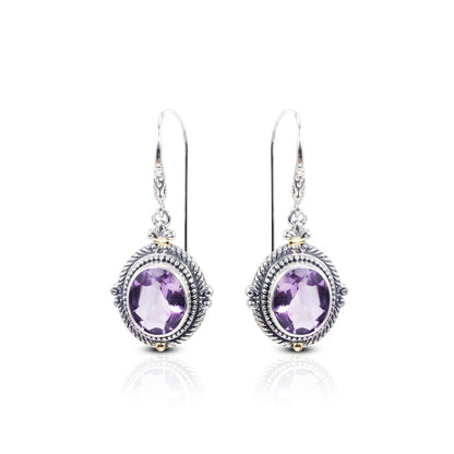 genuine amethyst earrings 925 sterling silver and 18K yellow gold decorated with cable rope edge