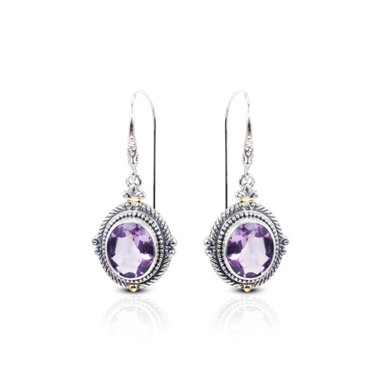genuine amethyst earrings 925 sterling silver and 18K yellow gold decorated with cable rope edge