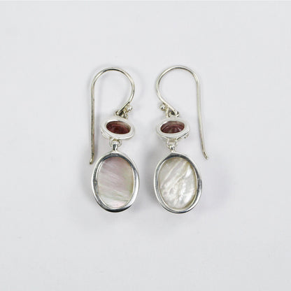 oval pearl earrings with natural pink tourmaline set in 925 sterling silver double bezel set