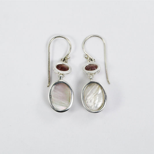 oval pearl earrings with natural pink tourmaline set in 925 sterling silver double bezel set
