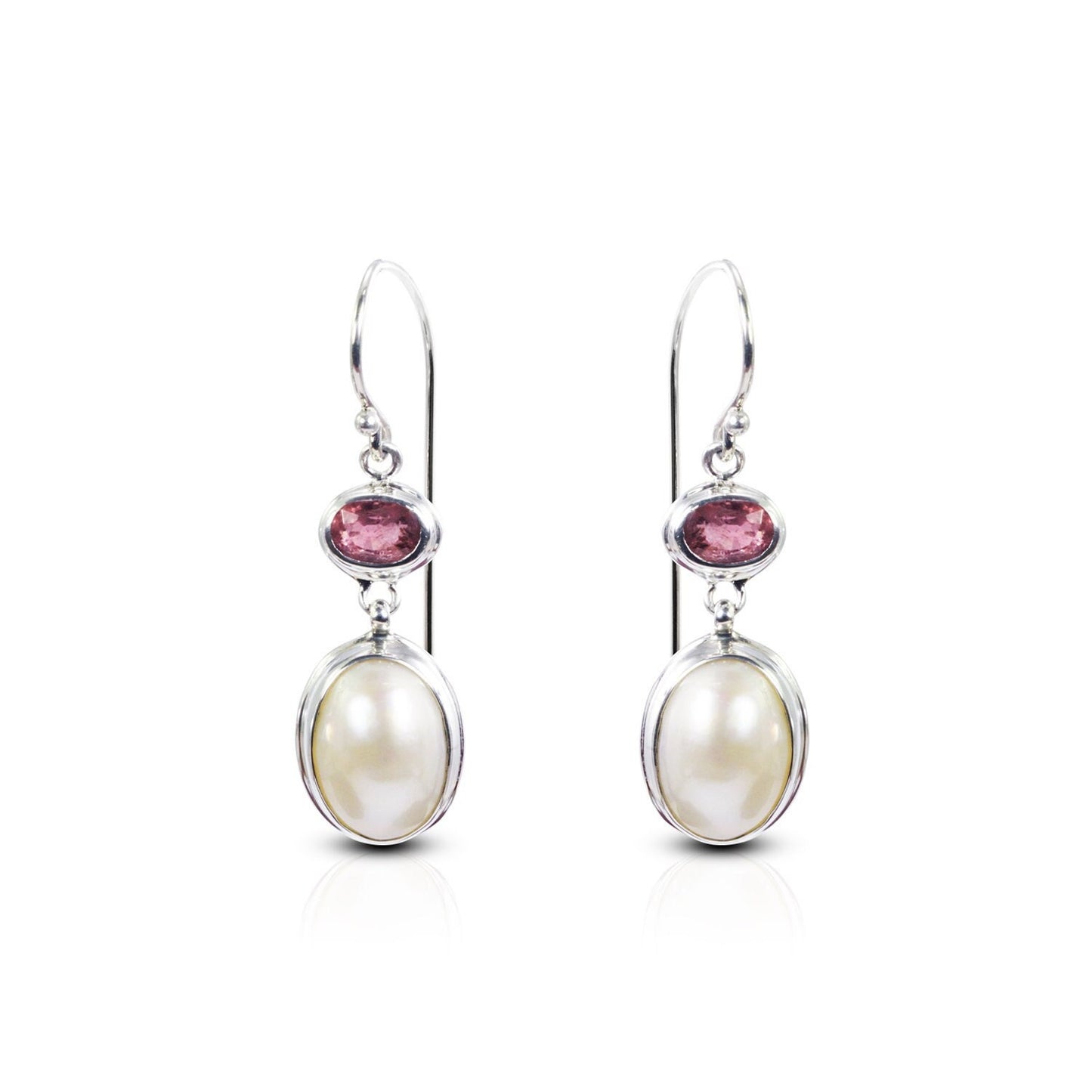 oval pearl earrings with natural pink tourmaline set in 925 sterling silver double bezel set