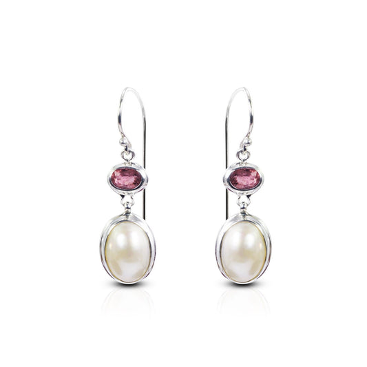 oval pearl earrings with natural pink tourmaline set in 925 sterling silver double bezel set