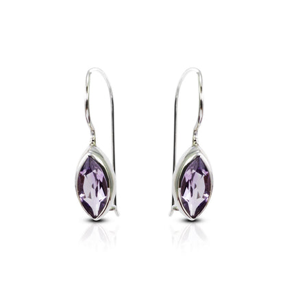 marquise Amethyst Earrings bezel set in  dangle 925 sterling silver with safety kidney lock