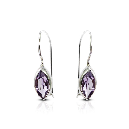 marquise Amethyst Earrings bezel set in  dangle 925 sterling silver with safety kidney lock